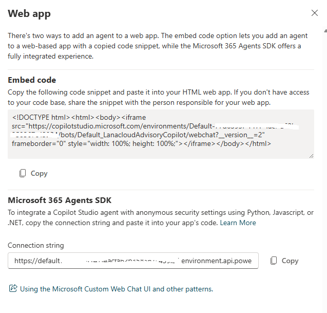 Web app channel dialog showing only the Microsoft 365 Agents SDK connection string option, no plain embed code